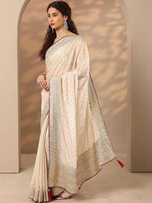 off white embellished saree with unstitched blouse piece 1