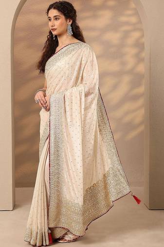 off white embellished saree with unstitched blouse piece