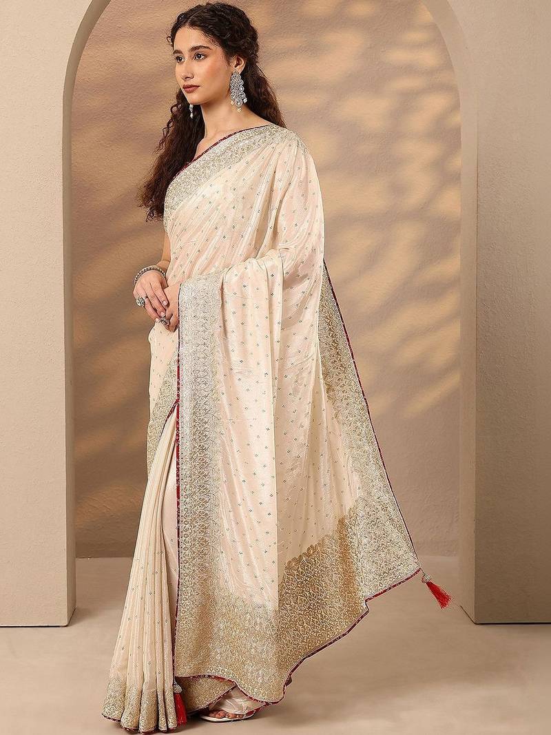 off white embellished saree with unstitched blouse piece