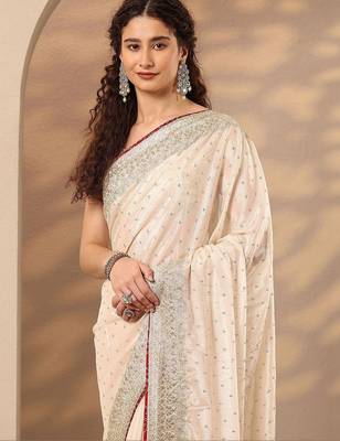 off white embellished saree with unstitched blouse piece 2