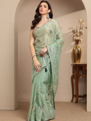 sea green embroidered saree with unstitched blouse piece 1