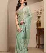 sea green embroidered saree with unstitched blouse piece