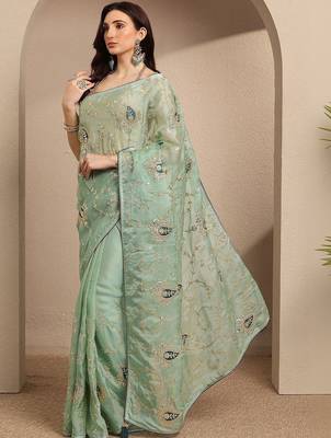 sea green embroidered saree with unstitched blouse piece 2
