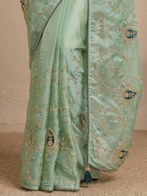 sea green embroidered saree with unstitched blouse piece 3