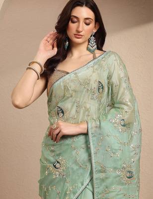 sea green embroidered saree with unstitched blouse piece 5