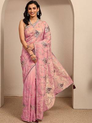 pink embroidered saree with unstitched blouse piece 1