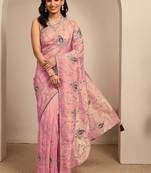 pink embroidered saree with unstitched blouse piece