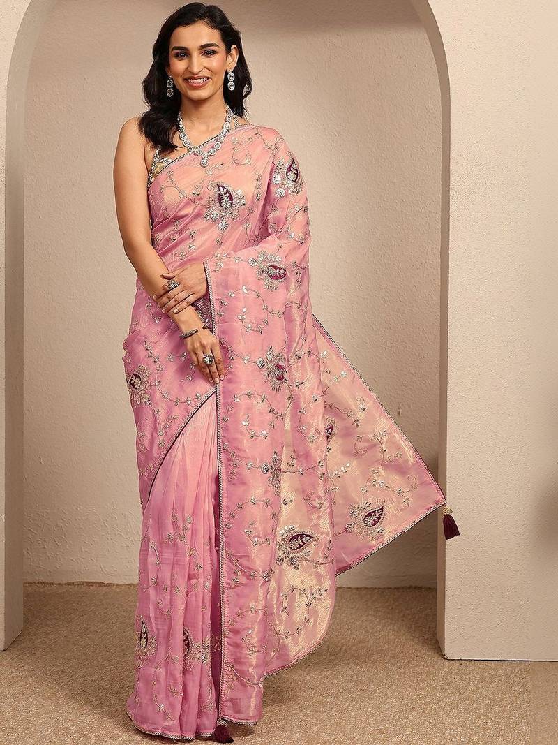 pink embroidered saree with unstitched blouse piece