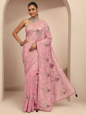 pink embroidered saree with unstitched blouse piece 1