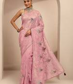 pink embroidered saree with unstitched blouse piece