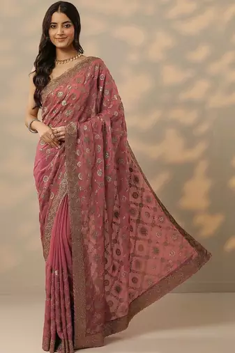 pink embroidered banarasi saree with unstitched blouse piece