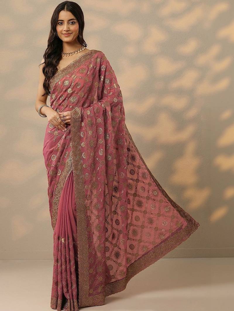 pink embroidered banarasi saree with unstitched blouse piece