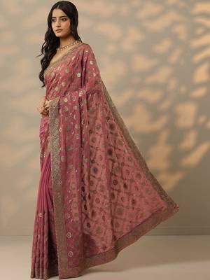 pink embroidered banarasi saree with unstitched blouse piece 2