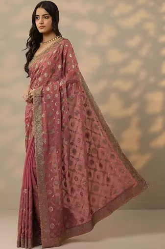 pink embroidered banarasi saree with unstitched blouse piece