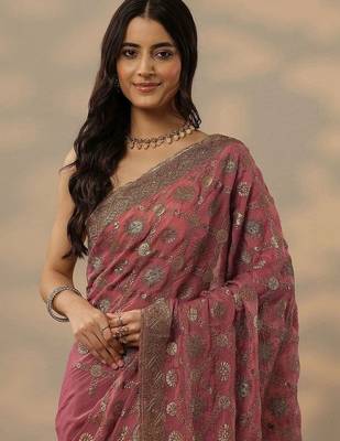 pink embroidered banarasi saree with unstitched blouse piece 3