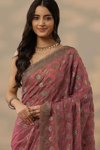 pink embroidered banarasi saree with unstitched blouse piece