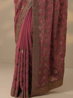 pink embroidered banarasi saree with unstitched blouse piece 4