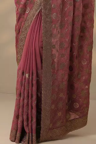 pink embroidered banarasi saree with unstitched blouse piece