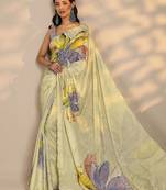 lime green printed saree with unstitched blouse piece