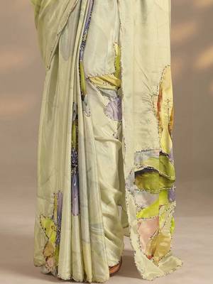 lime green printed saree with unstitched blouse piece 2