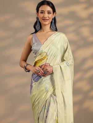 lime green printed saree with unstitched blouse piece 4