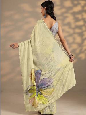 lime green printed saree with unstitched blouse piece 5