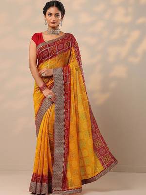 yellow bandhani printed georgette saree with unstitched blouse piece 1