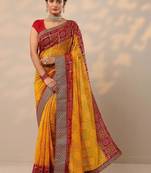 yellow bandhani printed georgette saree with unstitched blouse piece