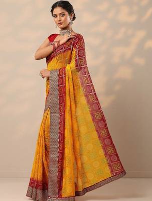 yellow bandhani printed georgette saree with unstitched blouse piece 2