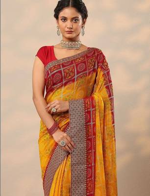 yellow bandhani printed georgette saree with unstitched blouse piece 3