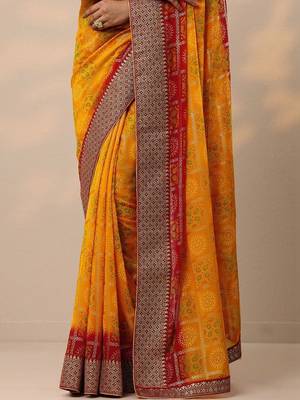 yellow bandhani printed georgette saree with unstitched blouse piece 4