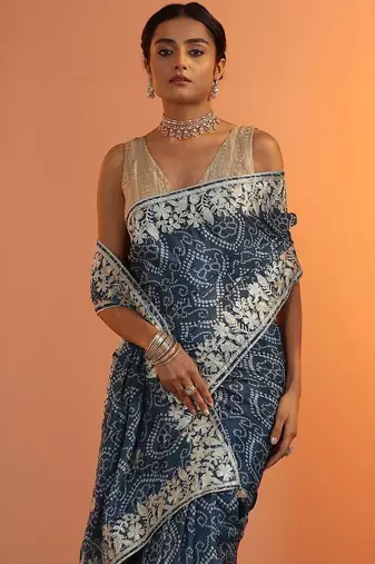 blue bandhani printed chinon saree with unstitched blouse piece