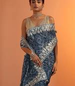 blue bandhani printed chinon saree with unstitched blouse piece