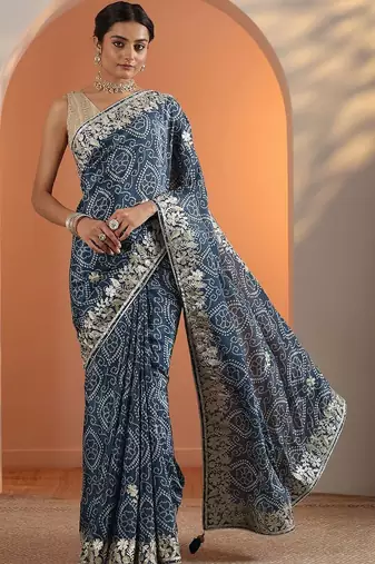 blue bandhani printed chinon saree with unstitched blouse piece