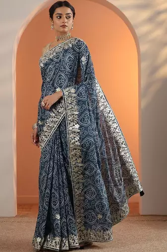 blue bandhani printed chinon saree with unstitched blouse piece
