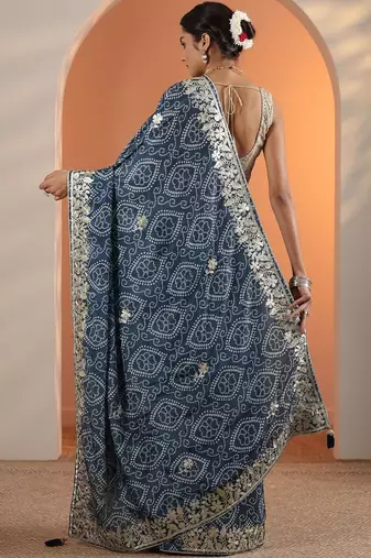 blue bandhani printed chinon saree with unstitched blouse piece