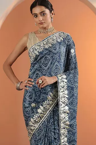 blue bandhani printed chinon saree with unstitched blouse piece
