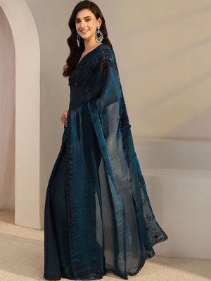 blue beads and stones tissue heavy work saree 3