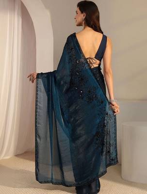 blue beads and stones tissue heavy work saree 4