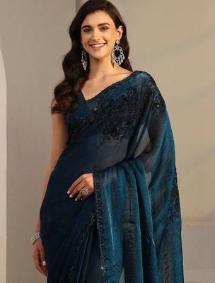 blue beads and stones tissue heavy work saree 5
