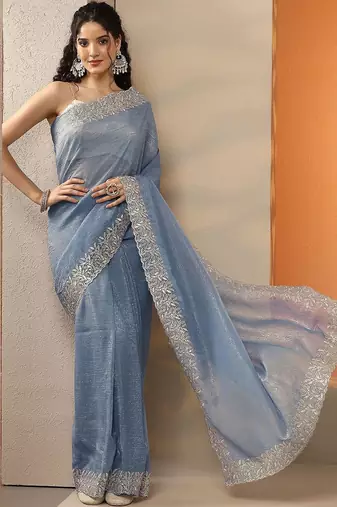 blue embellished embroidered silk blend heavy work saree