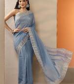 blue embellished embroidered silk blend heavy work saree
