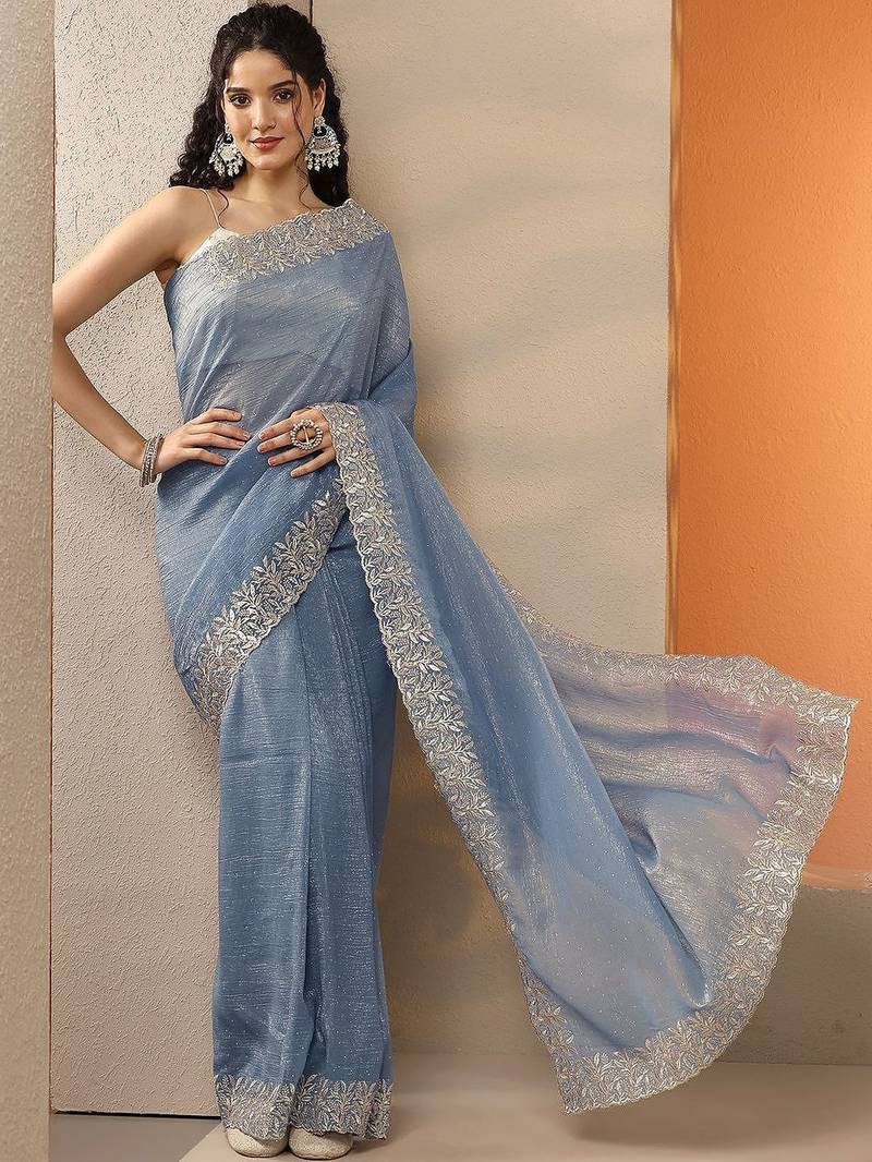 blue embellished embroidered silk blend heavy work saree