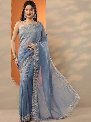 blue embellished embroidered silk blend heavy work saree 2