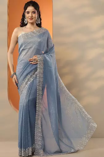 blue embellished embroidered silk blend heavy work saree