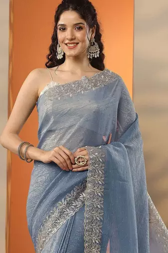 blue embellished embroidered silk blend heavy work saree