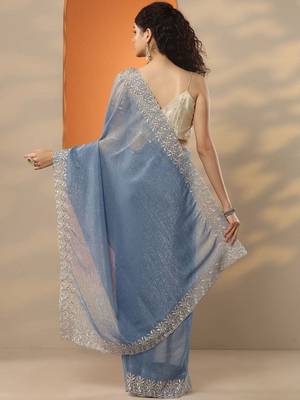 blue embellished embroidered silk blend heavy work saree 4