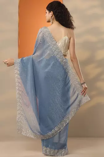 blue embellished embroidered silk blend heavy work saree