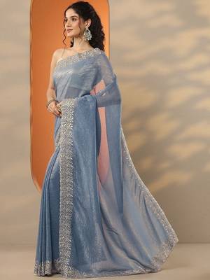 blue embellished embroidered silk blend heavy work saree 5