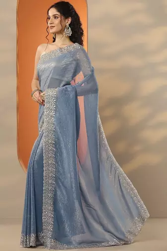 blue embellished embroidered silk blend heavy work saree